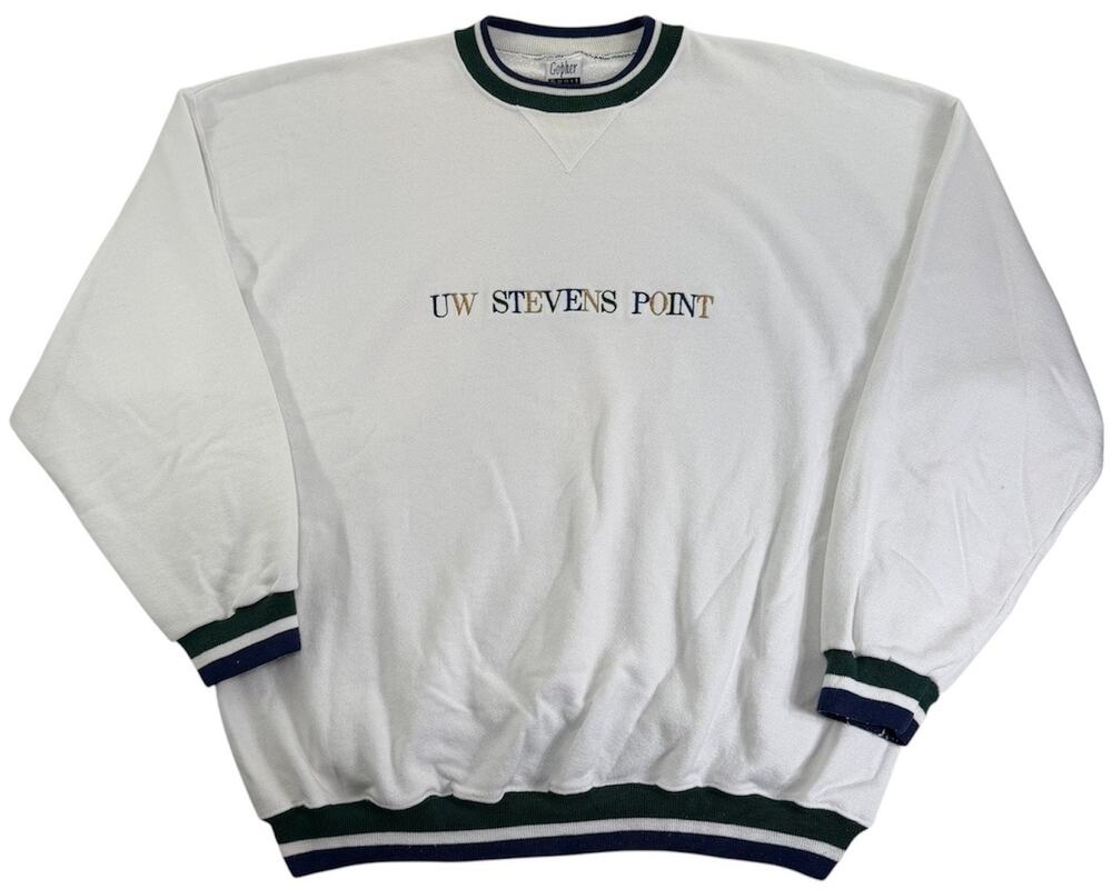 Vintage 90s UW Stevens Point Crewneck Mens XXL White Pullover College Sweatshirt